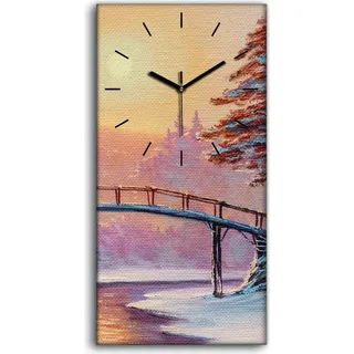 Wanduhr Bürouhr Leinwand Bild Geräuschlos 30x60 Ölgemälde Winter Baum Brücke - schwarze Hände