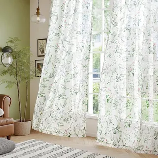 TOPICK Grün Gardinen mit Kräuselband Sheer Voile Blumen Vorhänge für Schienensystem mit Verdeckten Schlaufen Transparente für Wohnzimmer Fenster Landhausstil 2er Set H245xB127 (cm)