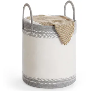Songmics Wäschekorb, 60 L mit Deckel, Baumwollseil, Zugband, für Decken, Wohnzimmer, Schlafzimmer, Waschküche, wolkenweiß-taubengrau RLH060G01