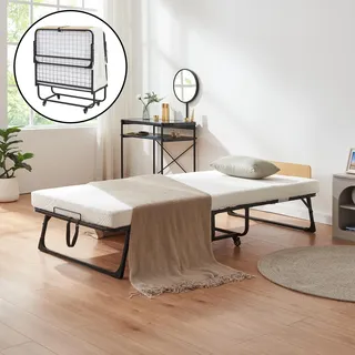 Metall-Klappbett ‘Lustendi’ mit Matratze 200 x 90 cm rollbar max. 150 kg Schwarz / Eicheoptik - Schwarz