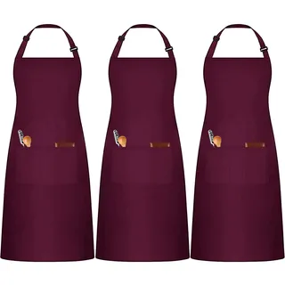 umboom 3 Stücke Rot Kochschürze, Verstellbare Küchenschürze mit 3 Taschen für Herren Frauen, Gastronomie Arbeits Schürze für Kellner Chef Friseur Barista Backen Bar (Polybaumwolle - Rotwein)
