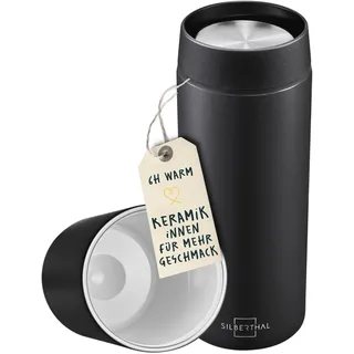 SILBERTHAL Thermobecher 350ml Edelstahl – Auslaufsicherer Kaffeebecher to go mit Keramik - Thermobecher Keramik – Coffee Cup in Schwarz - Bis zu 6h warm und 12h kalt