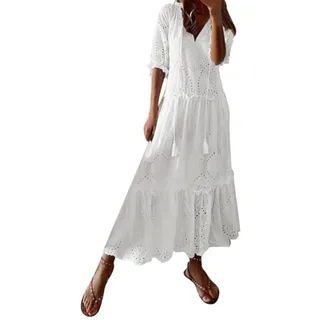 WSZJLN Weißes Sommerkleid für Damen, lässig, hohles Boho-Baumwollkleid, gehäkeltes langes Kleid für Damen, locker, Strand, Urlaub, Party, A-Linie, Kleid Rosa Weiß, M