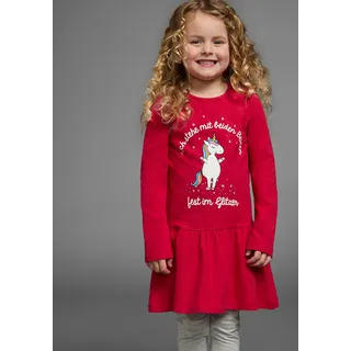 Jerseykleid KIDSWORLD "Einhorn", Mädchen, Gr. 116/122, N-Gr, rot, Jersey, Obermaterial: 95% Baumwolle, 5% Elasthan, bedruckt, ausgestellt kniefrei, Rundhals, abgesteppte Kante, Kleider Jerseykleid, festliche Anlässe, kniefreie Länge, aus Baumwollmischung