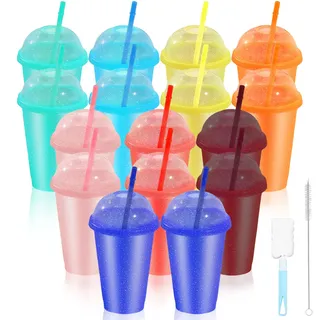CoKeeSun 16pcs Plastikbecher, 16oz/475ml Trinkbecher mit Strohhalm & Deckel | 8 Farben, Glitzer Farbwechsel Becher, Wiederverwendbare Slush eis Beche für Eiskaffee Kaltes Trinken Smoothie Saft