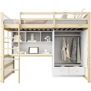Flieks Hochbett 90x200 Holz Schreibtisch Schrank Stauraum , Naturfarben , 90x200 cm , Babymöbel & Kindermöbel, Kinderzimmer & Jugendzimmer, Kinderbetten, Hochbetten