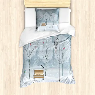 ABAKUHAUS Weihnachten Mantele, Schnee in Park Weihnachtsbaum, Milbensicher Allergiker geeignet mit Kissenbezügen, 135 cm x 200 cm - 80 x 80 cm, Blau Weiss - Blau