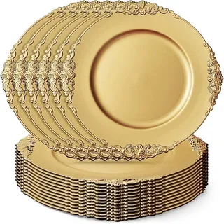 LATERN 12 Stück Wiederverwendbar Verwendbare Goldene Platzteller mit Geprägtem Rand, 33CM Kunststoff Platzteller Große Runde Servierteller für Weihnachten Halloween Hochzeit Party Tisch Dekoration