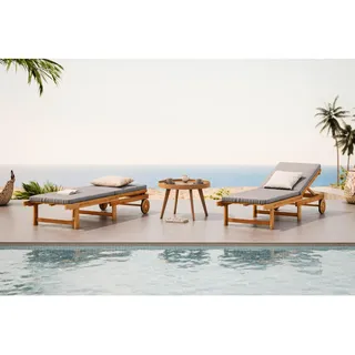 Ambia Garden Gartenliege , Grau, Akaziefarben , Holz, Textil , Akazie , massiv , Füllung: Polyester , 186x32x70 cm , FSC 100% , Auflage, wetterfest, Rückenlehne verstellbar , Holzmöbel, Sitzgelegenheiten Holz, Gartenliegen Holz