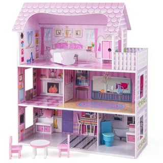COSTWAY Puppenhaus aus Holz, Puppenstube mit Möbeln und Zubehör, Puppenvilla 3 Etagen, Dollhouse Spielzeug für Mädchen