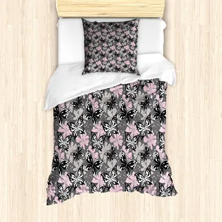 ABAKUHAUS Schmetterling Mantele, Romantischer Sommer, Milbensicher Allergiker geeignet mit Kissenbezügen, 135 cm x 200 cm - 80 x 80 cm, Taupe-Rosa-Schwarz