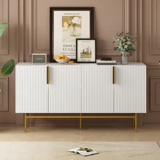 Merax Kommode Sideboard mit 4 Türen und verstellbare Einlegeböden,Anrichte mit Metallsocke, Buffetschrank Massivholz Wohnzimmerschränk,152.5x40.5x80cm - Weiß