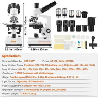 Trinokularmikroskop, 40X-5000X Vergrößerung, einstellbare LED-Beleuchtung ,40X-5000X, Trinokular