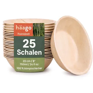 HAAGO 25 große Palmblatt-Schalen, 700 ml – Einwegschüsseln 20 cm für warme & kalte Speisen, Party, Buffet, Chips & Pasta – kompostierbar, mikrowellen-, backofen- und gefriergeeignet, Bambus-Optik