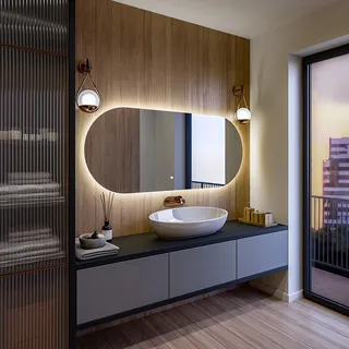 Badspiegel 80x60 cm - Horizontal mit LED Beleuchtung - LED Farbe Neutrallweiß 4500K - TST107 - Touch Schalter - Individuell Nach Maß - Beleuchtet Wandspiegel Lichtspiegel Badezimmerspiegel - Transparent