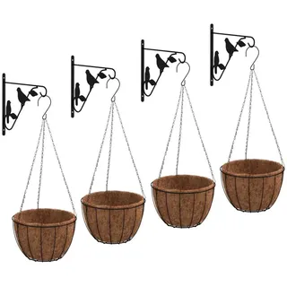 Blumenampeln mit Halterungen und Einlagen 4 Stk. Schwarz Stahl - Schwarz