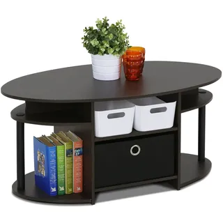 Furinno JAYA Ovaler Couchtisch mit modernem Design mit Einschub, holz, Nussbaum, 50.04 x 50.04 x 16.4 cm, Walnuss/Schwarz