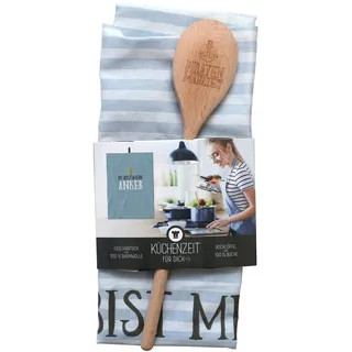 Dekohelden24 Geschenkset - Geschirrtuch aus 100% Baumwolle und Kochlöffel aus Buchenholz mit Spruch -, Motiv: Piraten Mahlzeit.