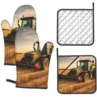 Ofenhandschuhe und Topflappen-Sets, 260 °C, hitzebeständige Küchenhandschuhe, rutschfeste Ofenhandschuhe, Topflappen, Bauernhof-Traktor, Ernte, Ofenhandschuhe, lustiges Geschenk zur Hauseinweihung, 4
