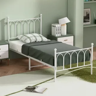 MODFU Metallbett Bettrahmen 90 x 200 mit Kopfteil,Einzelbett Bettgestell mit Metallrahmen,Jugendbetten,ohne Matratze,Weiß - Weiß