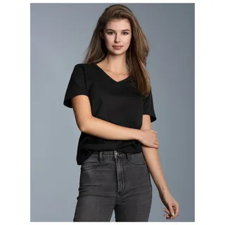 T-Shirt TRIGEMA "TRIGEMA V-Shirt Slim Fit", Damen, Gr. S, schwarz, Single Jersey, 100% Baumwolle, Basic, lang, V-Ausschnitt, Shirts T-Shirt