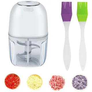 Elektrisch Zerkleinerer Küche Akku Aufladbar, 350ML Mini Knoblauchhacker Gemüsezerkleinerer mit 6 Scharfen Klingen für Knoblauch Gemüse Obst Fleisch Multizerkleinerer Knoblauchpresse