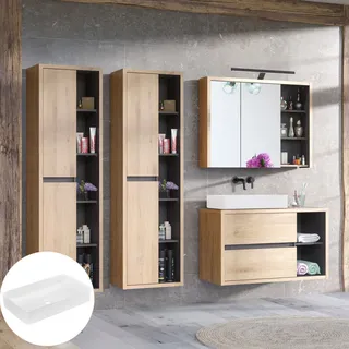 Badmöbel Komplett Set DANZIG-56 in Shetland Eiche Nb. mit anthrazit inkl. Keramik Aufsatzbecken weiß, LED Beleuchtung, B/H/T: ca. 230/200/46 cm - Braun