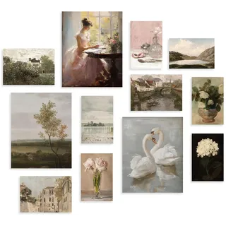 Dazzlewall 12 Stück Vintage Französische Landhaus Wandbilder, Schwanen Blumen Bilder Cottagecore Galerie Deko für Schlafzimmer Wohnzimmer Ungerahmt