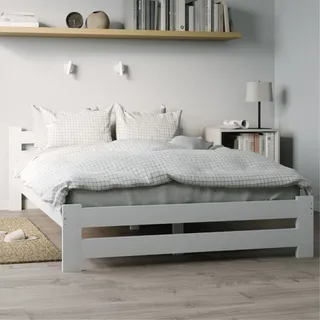 Holzbett 120x200 cm mit Lattenrost Modern Bett Bed Kiefer Massiv Bettgestell Doppelbett Massivholzbett Klassisch | Boho Landhaus Kopfteil mittel weiß - Weiß