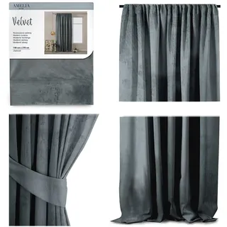 AmeliaHome Vorhang Velvet Optik 140x270 cm anthrazit 1 St. Kräuselband Samt Verdunkelungsvorhang Fensterdekoration Leicht Schimmernd Dekoschal Dekorvorhang, 69957, Kräuselband 140x270 cm