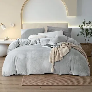 YASMENG Warme Winter Bettwäsche 135x200cm Hellgrau Flauschige Plüsch Bettwäsche Super Weich & Kuschlig Hochwertige Bettbezug Set mit Reißverschluss und 1 Kopfkissenbezug 80x80cm