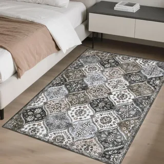 LuxFocus Waschbarer Kleiner Teppich 80x150 cm, floraler Vintage-Teppich fürs Schlafzimmer, orientalische Bettumrandung, Rutschfester Kurzflor, Grau Braun