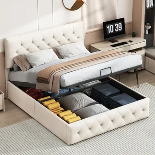 CDGlobal Polsterbett 140 x 200 cm, Doppelbett mit Gepolstertes Kopfteil, Bettgestell mit Lattenrost und Holzbettbeine, Jugendbett Bett mit Stauraum , Bett für Schlafzimmer und Gästezimmer, Leinen, Beige - Beige