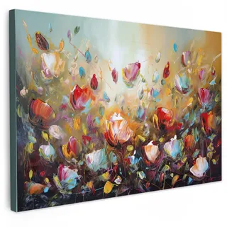 MuchoWow Leinwandbild Blumen - Kunst - Natur - Ölgemälde Wanddeko 90x60 cm , Multicolor , Textil , Kiefer , Rechteckig , 90x60 cm , FSC 100% , gerahmt , Bilder & Rahmen, Bilder, Leinwandbilder