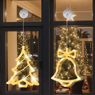 LEDYA LED Weihnachtsbaum Weihnachtsbeleuchtung, 2 Stück, 10 LED Lichtervorhang, Warmweiße Lichterkette, Batteriebetrieben mit Saugnapf & Timer, Fenster Lichterkette für Weihnachtsdeko, Party, Hochzeit