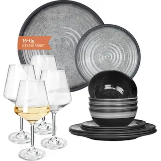 Melamin Camping Geschirr Set 4 Personen Stone Grey + 4 Milano Weiß Weingläser Tafelgeschirr Picknick BBQ Kochgeschirr - Grau, Weiß
