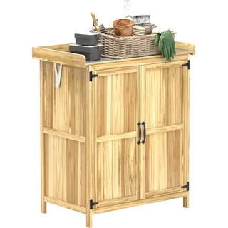 Outsunny Gartenschrank Holz, Geräteschuppen wetterfest 74x43x88cm, Gerätehaus mit Klappdach Ablagen, Arbeitsfläche, für Garten, Terrasse, Holz