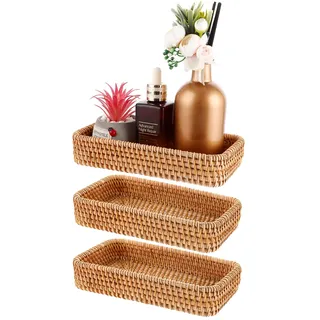 MIVIDE 3 Stück Rattan Serviertablett Rechteckig, Badezimmer Tablett Klein 21 x 11 x 4 cm, Badezimmer Eitelkeit Tabletts, Natürliches Gewebtes Tablett für Lagerung, Dekorativ