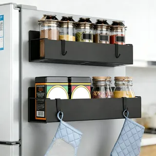 TIANLIN 2 Stück Gewürzregal Magnetisch, Magnetisch Gewürzregal ohne Bohren, Schwarz Magnetregale für Kühlschrank, Kohlenstoffstahl Magnetische Regale, mit 4 Haken, für Küche Und Badezimmer