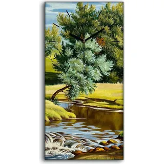 Dekor Leinwand Uhr Wandbilder Geräuschlos 30x60 Sommer Landschaft mit dem Fluss - schwarze Hände - Grün