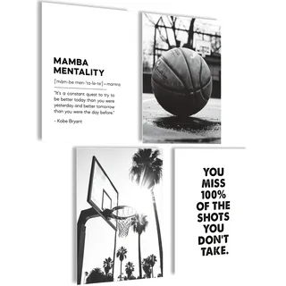 mojoliving Basketball Poster Motivation Schwarz Weiss Modernes Wandbild Set mit Basketball Court Ball und Mindset Design Sport Wanddeko für Wohnzimmer Büro Jugendzimmer Geschenk für Basketball Fans