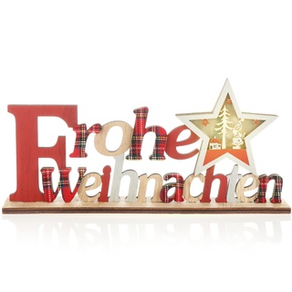 com-four® LED Deko Aufsteller aus Holz - beleuchteter Schriftzug auf Holzsockel - Deko-Schriftzug zum Hinstellen für Weihnachten - Stimmungslicht mit Timer (rot + Stern)