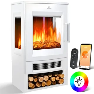 KESSER® Elektrokamin mit Heizung Panorama-Sichtfenster Heizlüfter 9 LED-Flammeneffekt Farbmodi Fernbedienung WiFi App 900/1800W Kaminfeuer elektrisch Elektro Kamin mit Thermostat Heizfunktion Timer - Weiß
