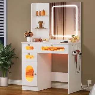 YITAHOME Schminktisch mit LED-Beleuchtung Spiege, Kosmetiktisch mit 3 Schubladen, Schminkkommode mit 2 Ablagen, Verstellbare Helligkeit mit 3 Beleuchtungsstufen, Weiß