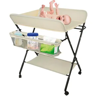 Wickeltisch Klappbar-Wickelkommode Babypflegetisch-Mobiler Wickelkombi mit Wickelauflage, Sicherheitsgurt und Ablagefächern, Tragbar Wickelkombination (beige-80 * 66 * 98cm)