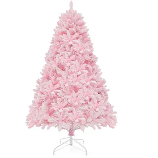 Fantask 180 cm Künstlicher Weihnachtsbaum mit Schnee, Tannenbaum LED mit 8 Lichtmodi & Metallständer, beleuchteter Christbaum mit bunten Lichtern für Zuhause Büro Geschäfte (Rosa)