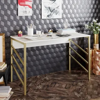 Modern Study Desk, Gold & White, 120 x 75 x 60 cm | 100% Melamine Coated Particle Board, 18 mm Thick, Sturdy Metal Legs | Glamorous Design for Home Office