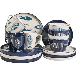 BELIANI Tafelservice 16-teilig Weiß / Blau aus Porzellan Handgefertigt Reaktive Glasur für 4 Personen Fisch Motiv Geschirrset Küche Esszimmer - Weiß, Blau