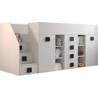 Etagenbett für Kinder Toledo 3 Stockbett mit Treppe, Schreibtisch, Bettkasten (Weiß/Weiß Glanz + schwarze Griffe, Seite: Links) - Weiß