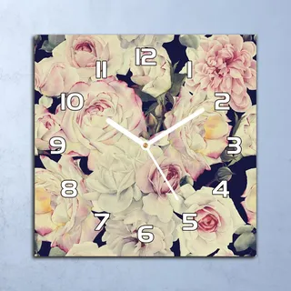 Deko Glasuhr Wanduhr 30x30 Weiße Rosen Vintage Quarz Küchenuhr Bürouhr - Rosa